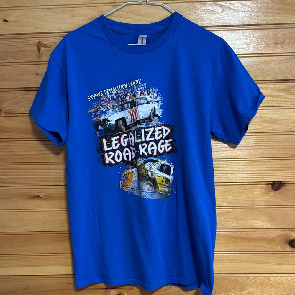 Gildan Blue Legalized Road Rage Skyfire Demolition Derby T-Shirt Medium